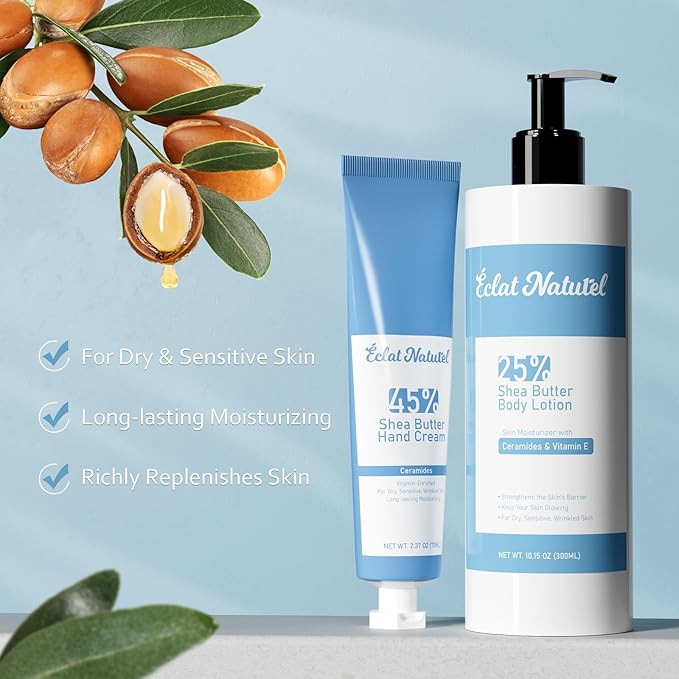 Shea Butter Hand Cream and Body Lotion, with Vitamin E Ceramide Niacinamide Moisturizing Cream for Dry Skin Care, 2.37 Fl Oz Hand Cream & 10.15 Fl Oz Body Lotion