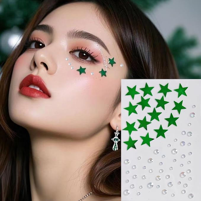 Christmas Star Face Stickers Gems for Makeup, 3 Sheets Red Gold and Green Face Glitter Rhinestone jewels, Self Adhesive Face Eye Nail Body Gems Stick on for Xmas Rave Festival Accessories
