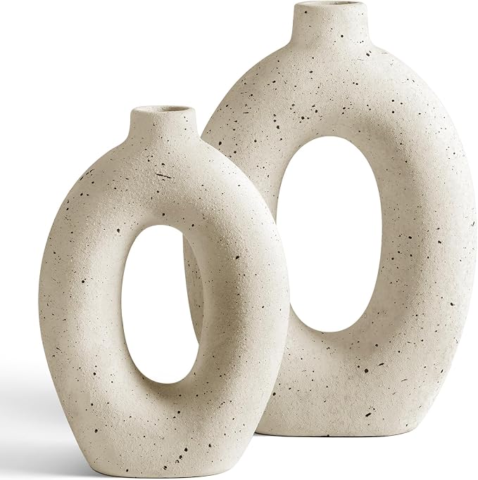 LE TAUCI Ceramic Vases Set of 2, Cream Hollow Donut Flower Vases, Nordic Boho Decor Decorative Centerpiece for Living Room, Table, Shelf, Mantel, Warm Ivory Speckled (H10.5”xW8.5”)