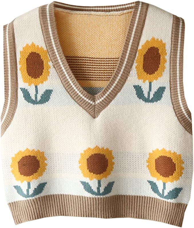 Women's Sweater Vest,Y2K Sleeveless Pattern Preppy Style Knitted Crop Tank Top for Girl