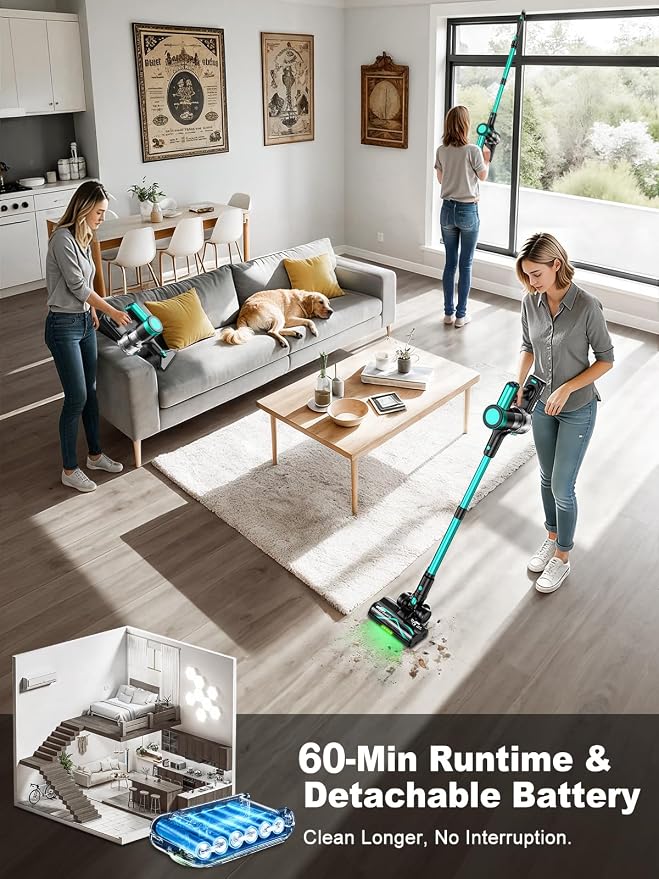 Cordless Vacuum Cleaner, 58KPa/60Mins 10 in 1 Self-Standing Stick Vacuum | 29-inch Hose and LED Lighting Brush, Anti-Tangle Brush &3 Suction Modes, Quiet Vacuum Cleaner for Home, Pet Hair/Carpet/Floor