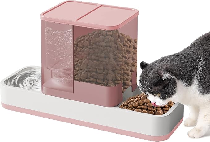 Yummy Sam Automatic Small Pet Feeder and Water Dispenser, Pink | 2 in 1 Gravity Cat Auto 1.5L Pet Feeder and 1L Waterer Set, Feeder Dish for Small Medium Pets Dog Puppy Kitten