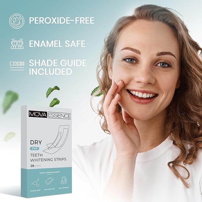MOVA Essence Teeth Whitening Strips - Dry Pap - 14 Treatments (28 Strips) - Enamel Safe - Fast Effective Brighter White Teeth - 30-Minute Treatment