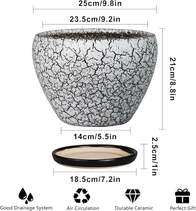 Ceramicfor Ceramic Planters for Indoor Plants - 10 Inch Plant Pot with Drainage Hole and Saucer, Large Flower Pot for Home Decor, White/Black