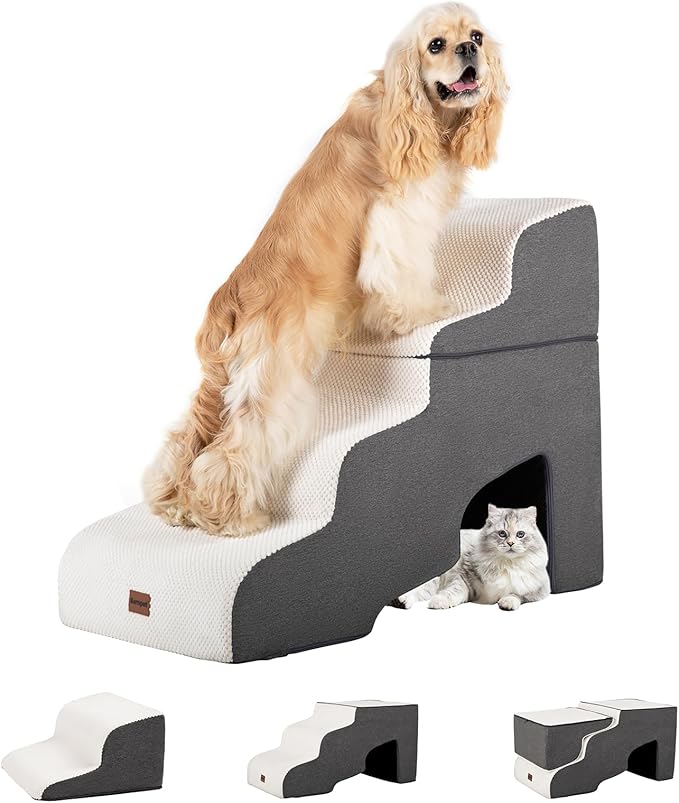 Garnpet Dog Stairs for High Beds with Tunnel, 4-Step Dog Steps for Small Dogs and Cats, Foldable Pet Stairs for High Bed Climbing, Non-Slip Balanced Pet Step Indoor, Beige