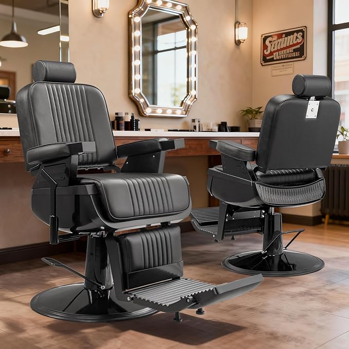 Winado Heavy Duty Vintage Barber Chair, Hydraulic Reclining Salon Chairs for Hair Stylist with Footrest & Headrest, 360° Swivel All Purpose Chair Salon Beauty Spa Shampoo Equipment, Black