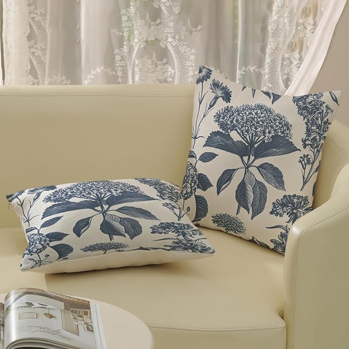 Floral Pillow Covers 20x20 Set of 2 Vintage Blue Hydrangea Herbs Botanical Throw Pillow Cover Outdoor Decoration Boho Flower Pillowcase Farmhouse Decorative Linen Cushion Case for Home Couch