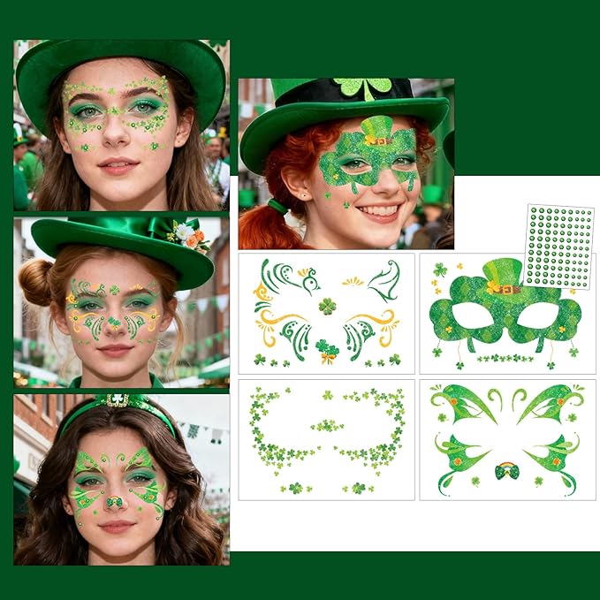 St Patricks Day Temporary Tattoos Green Leaf Blush Face Tattoos Mixed Styles Lucky Clover Shamrock Fake Tattoos Cute Freckles Face Tattoo Waterproof Makeup Stickers with Green Gems for Girls 4 Sheets
