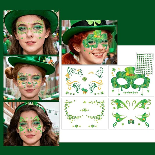 St Patricks Day Temporary Tattoos Green Leaf Blush Face Tattoos Mixed Styles Lucky Clover Shamrock Fake Tattoos Cute Freckles Face Tattoo Waterproof Makeup Stickers with Green Gems for Girls 4 Sheets