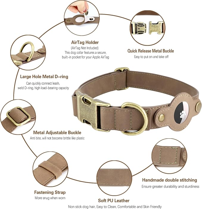 Airtag Dog Collar, PU Leather Collar w Airtag Holder for Large Dogs(Brown)