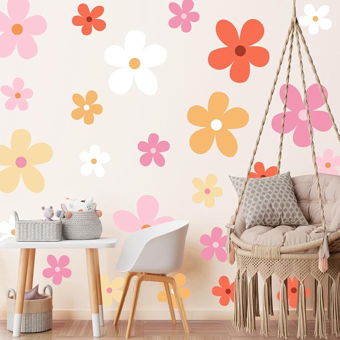TaoBary 12 Sheet Daisy Wall Sticker Decal,Bright Color,Elegant Style | Big Flower Wall Sticker, Pink White Floral Decal, Daisy Bedroom Room Decor, Removable Peel and Stick, Nursery Home Wall Decor