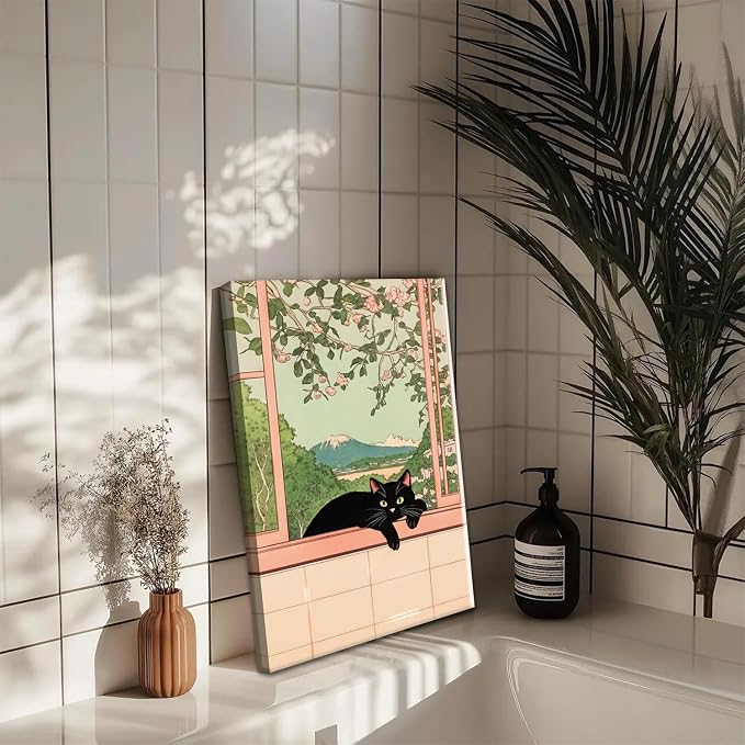 Japanese Bathroom Wall Art Set of 3, Cute Black Cat Bathtub Wall Decor, Funny Animal Reading Newspaper Canvas Prints for Bathroom Bedroom Laundry Room 12x16 inch Framed