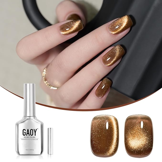 GAOY Jelly Brown Cat Eye Gel Nail Polish, 16ml Glitter Holographic Nail Polish with Magnet, Reflective Translucent UV Gel, 2958 Caramel Shine