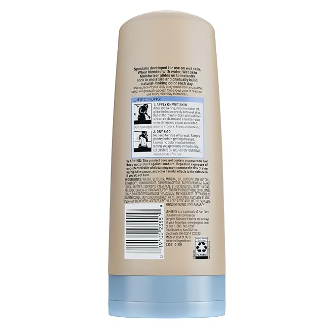 Jergens Natural Glow In Shower Lotion, Self Tanner for Medium to Deep Skin Tone, Sunless Tanning Wet Skin Lotion for Gradual, Flawless Color, 7.5 Ounce (Packaging May Vary)