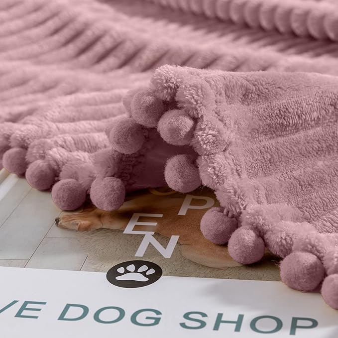 DISSA Fleece Blanket Throw Size – 51x63, Pink – Soft, Plush, Fluffy, Fuzzy, Warm, Cozy – Perfect Throw for Couch, Bed, Sofa - with Pompom Fringe - Flannel Blanket Throw Blanket