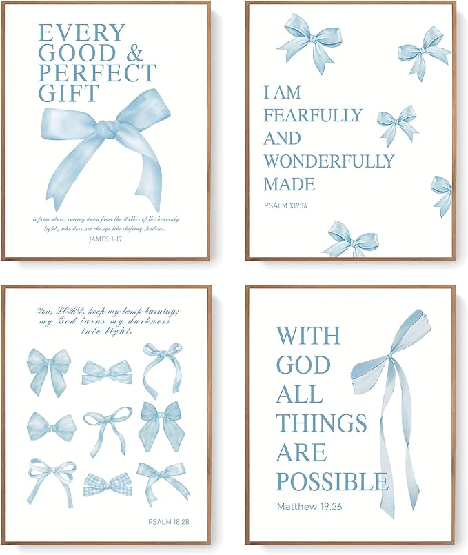 LARTSFRO Coquette Blue Bow Wall Art Decor Posters, Baby Blue Bow Room Bedroom Bathroom Dorm Wall Art Decor Aesthetic for College Teen Girls Gifts, Inspirational Bible Verses Bow Wall Decor, 10x8 Inch Set of 4 Pcs Bow Pictures (UNFRAMED)
