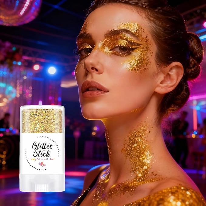 Gold Body Glitter Stick, Holographic Sparkling Neon Sequins for Music Festival Rave Party Outfit Face and Hair Glitter Gel Makeup.