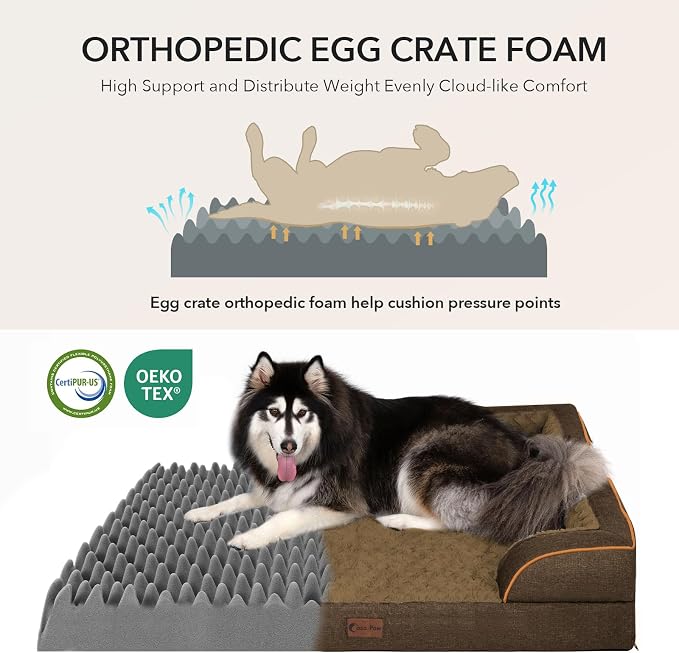 Waterproof Orthopedic Dog Bed for Medium Dogs, 35x22in, Brown | Orthopedic Foam Eases Joint Pressure, Bolsters Supports Head And Neck, Washable Pet Beds, Removable Cover, Non-Slip Bottom