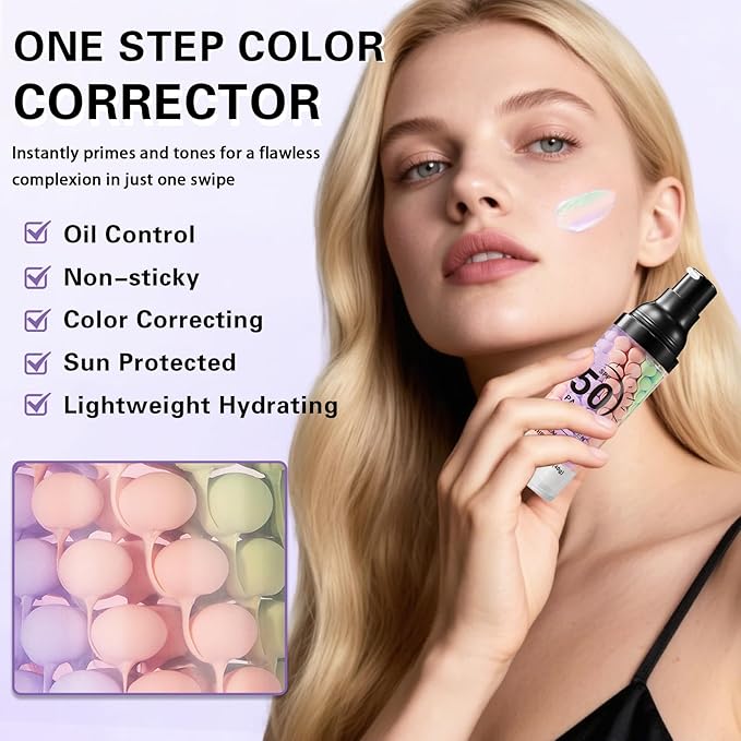 Color Correcting Primer Face Makeup,Face Primer with SPF 50,Oil Control Primer Makeup,Hydrates and Moisturizes,Radiance Skin,Protector Solar Para La Cara Con Color