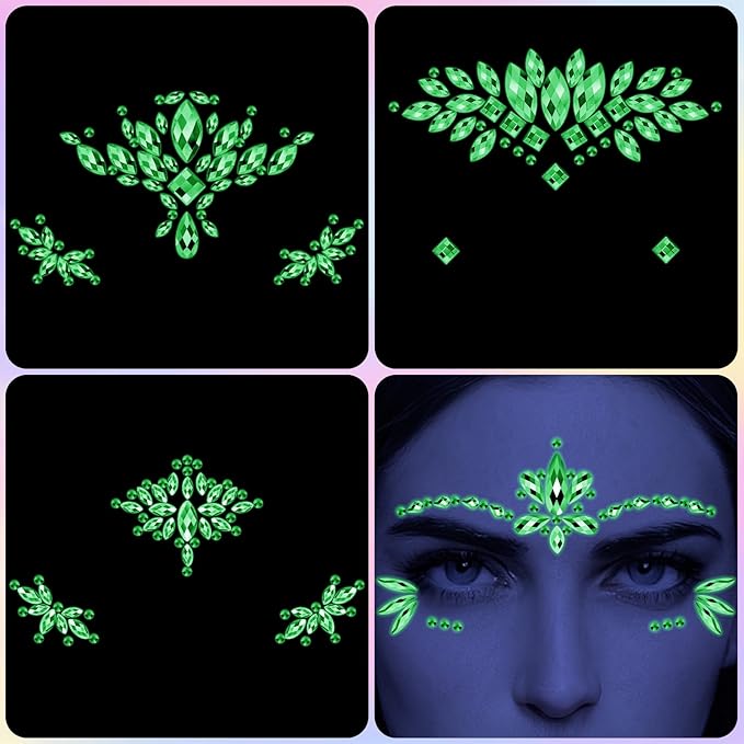 Erythem Face Gems for Women 6 Sheets Face Jewels Stick On Self Adhesive Rhinestones Stickers for Makeup Music Festival Rave Party (4Luminous)