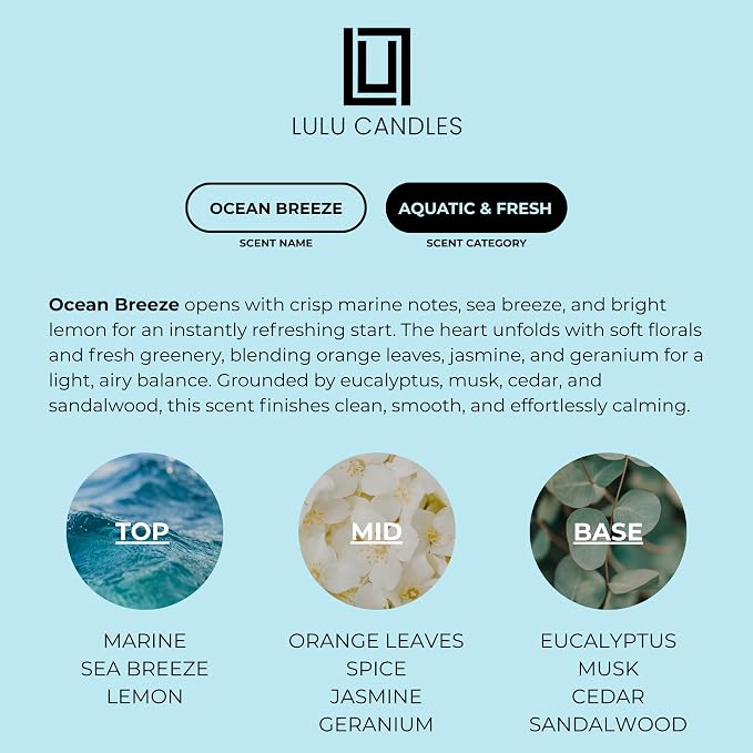 Lulu Candles | Ocean Breeze | Luxury Scented Soy Jar Candle | Hand Poured in The USA | Highly Scented & Long Lasting (9 Oz. 2 Pack)