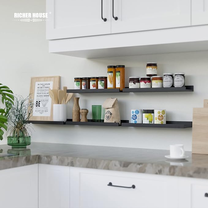 RICHER HOUSE 5-Set Floating Shelves with Lip, Black Wall Mounted Wood Shelf | Display Picture Ledge Shelf, Anti-drop lip Shelf for Room Wall Decor, Bedroom Bathroom Storage Nursery Books, Easy Setup 16in