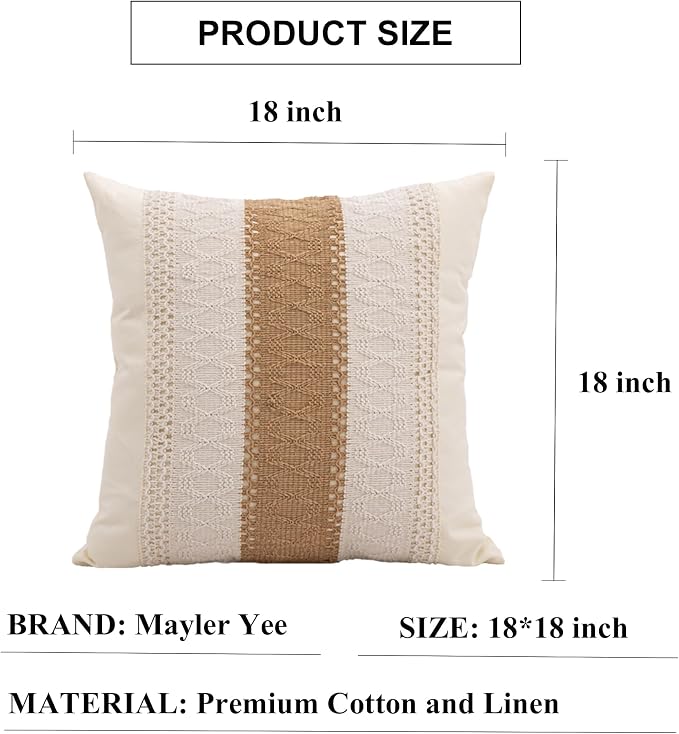 Throw Pillow Covers 1PC for Farmhouse Living Room, Cotton Causes The Size to be Smaller, 18x18 Inch / 45x45cm, Textured Striped Woven Boho Pillow Covers (Beige & Brown, Single Striped)