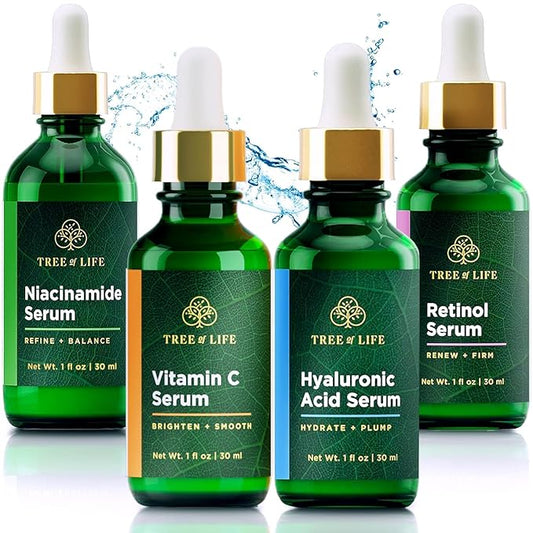 Tree of Life Beauty Facial Skin Care Set, Brightening, Firming & Hydrating Face Serums for Sensitive Skin - Niacinamide, Vitamin C, Retinol & Hyaluronic Acid, Dermatologist Tested, 1 Fl Oz (Pack of 4)