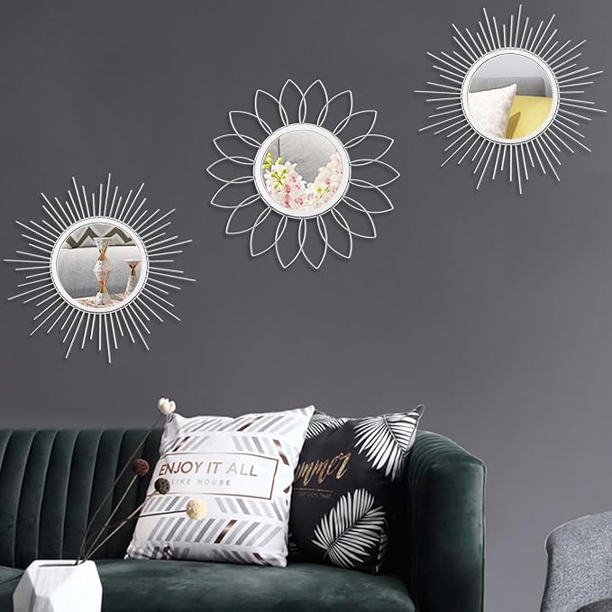 3 Pack Metal Mirrors for Wall Sunburst Wall Mirrors Home Décor Decorative Hanging Wall Art for Living Room Bedroom Entryway (Silver, Flower+Sunburst)