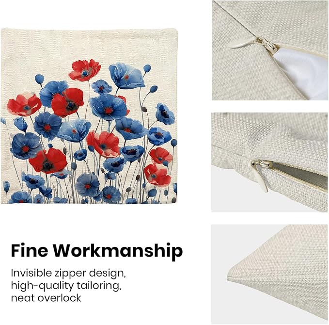 Spring Floral Pillow Covers 18x18 Set of 2 Blue Red Flower Decorative Throw Pillow Covers Decoration Summer Seasonal Pillowcase Farmhouse Decorative Cushion Cover for Home Sofa Outdoor Decorr
