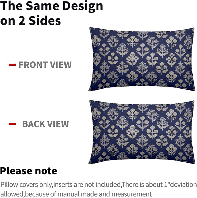 Navy Blue Pillow Covers 12x20 Inch Set of 2, Cream Floral Block Print Pattern Lumbar Decorative Throw Pillowcases Outdoor Farmhouse Rectangle Cushion Covers Spring Summer Sofa Couch Bed Decor