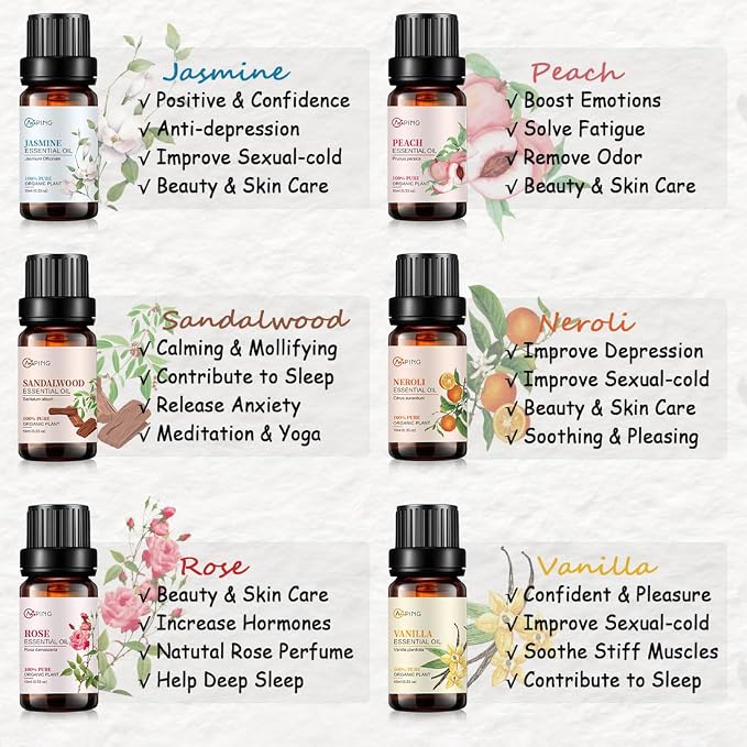 Essential Oil Set 6x10ML - 100% Pure Organic Plant Oil for Diffuser Massage Aroma Spa Yoga Perfume - Rose, Jasmine, Sandalwood, Vanilla, Neroli, Peach