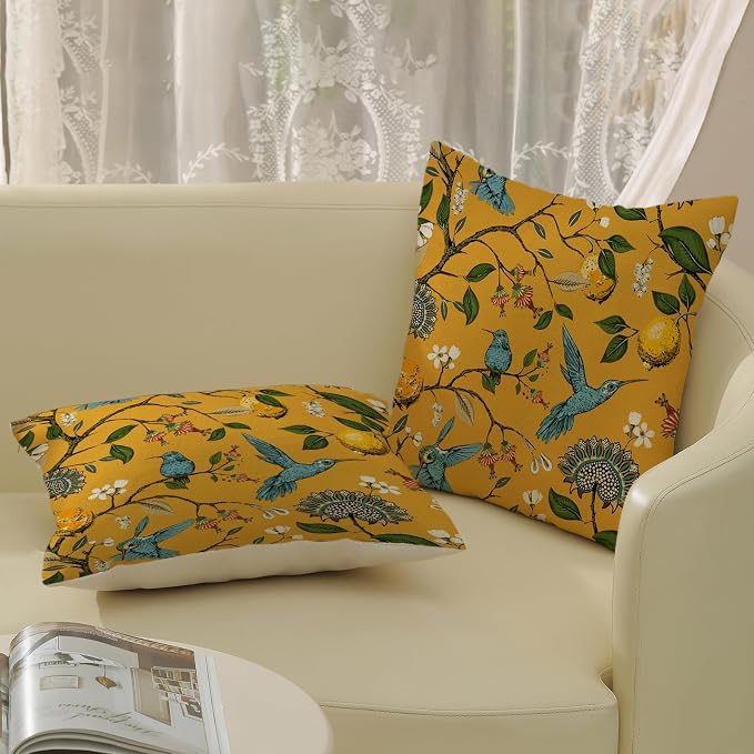 Chinoiserie Pillow Covers 18x18 Set of 2 Mustard Yellow Bird Floral Throw Pillows Vintage Yellow Lemon Flowers Decorations Pillowcase Outdoor Chinoiserie Decor Linen Cushion Case for Couch Home