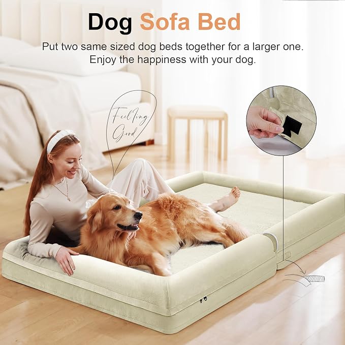Orthopedic Dog Bed for X-Large Dogs, 40 x 32 Inch, Beige | Egg crate foam for joint support, 3-sided bolster pet sofa, waterproof lining, washable cover, and non-skid base