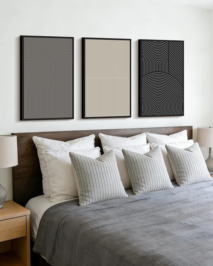 Drsoum Mid-Century Modern Framed Wall Art Large 16x24in Minimalist Abstract Boho Neutral Line Wall Decor Geometric Artwork Kitchen Dining Room Black Framed