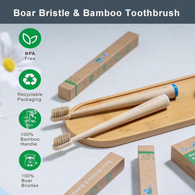 BlueForest Era 4 Pack Boar Bristles & Bamboo Toothbrush, Premium Natural Boar Bristle Toothbrushes for Adult, Plastic & Nylon Free, Fully Biodegradable Compostable Bamboo Tooth Brushes