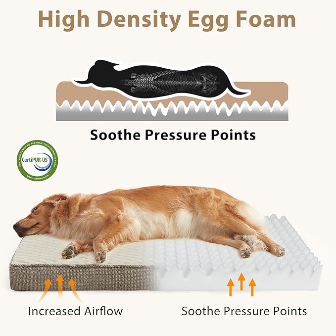 JOEJOY Orthopedic Dog Bed XL, Washable Dog Crate Bed Large Sized with Removable Cover, Egg Memory Foam Big Pet Beds, Beige, 41"x27"