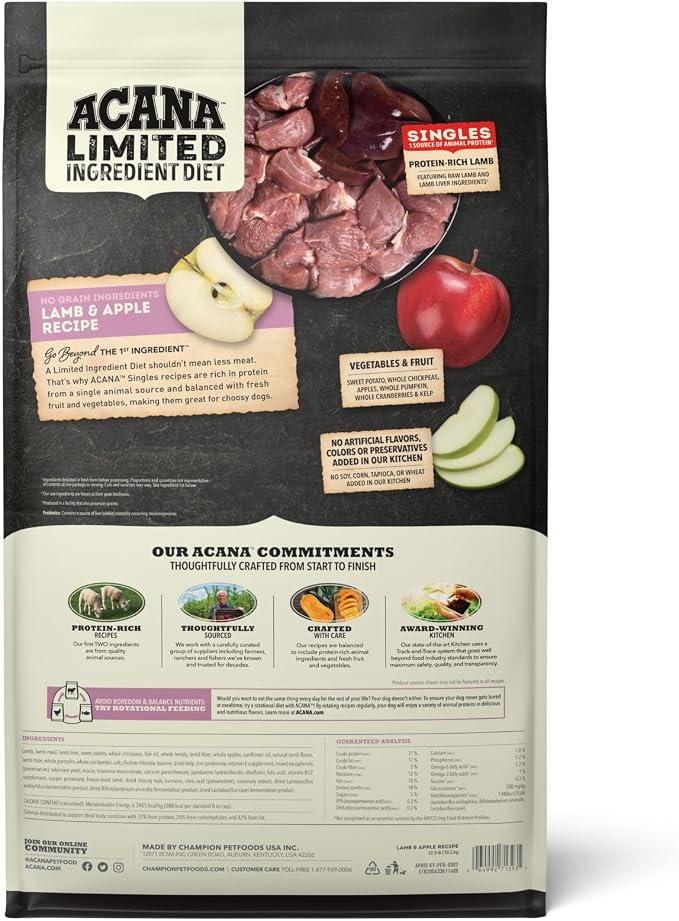 ACANA Singles Limited Ingredient Dry Dog Food Lamb & Apple 22.5lb Bag | Sensitive Stomach, Grain Free, High Protein, Made in the USA, Includes Probiotics, Omega-3 Fatty Acids, Limited Ingredient