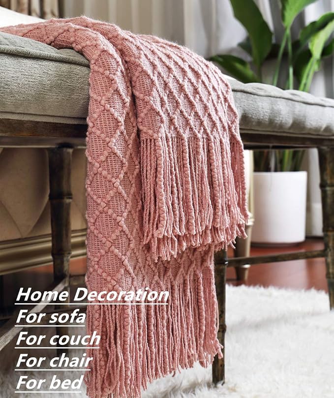 CREVENT Light Blush Pink Knit Throw Blanket for Couch Sofa Chair - Soft and Decorative for Spring Summer (50''X60'' Dusty Pink/Pale Pink)