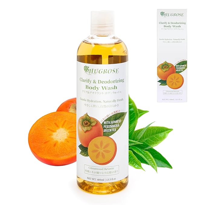 Persimmon Body Wash with Japanese-Grown Persimmon Extract, Citrus-Woody Scent, Ideal for Sensitive Skin, Large Volume 13.5 oz, Bath Gel for All Ages & Skin Types