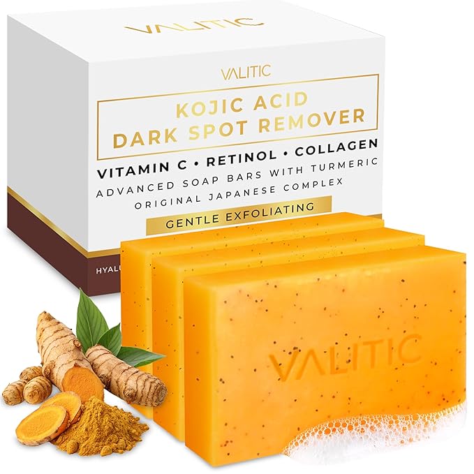 VALITIC Kojic Acid Soap - Turmeric Soap for Dark Spots for Face and Body - Exfoliating Bar for Hyperpigmentation, Skin Tone Corrector with Retinol, Vitamin C, Collagen and Hyaluronic Acid - 3 Pack