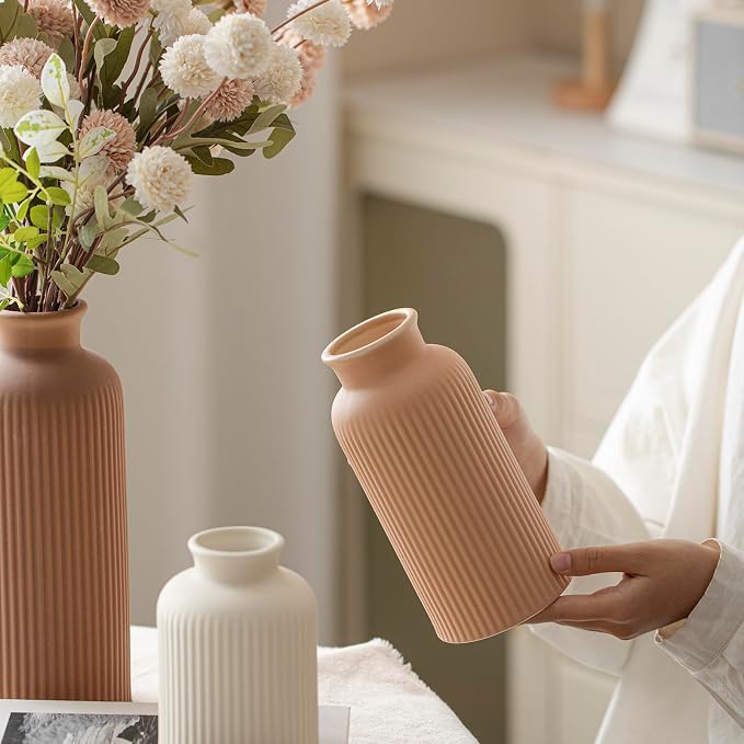 Large Modern Ceramic Vase Set, Coffee Ribbed Matte Design, 3-Piece Decorative Vases for Home, Living Room, Office (XL Coffee Mix)