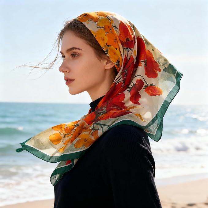K-Elewon Large Square Scarf 43" Silk Scarf Fashion Scarves Silk Feeling Hair Wrapping Scarfs Night Sleeping Headscarf