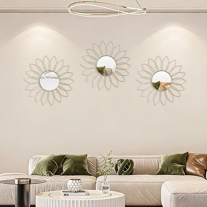 3 Pack Metal Mirrors for Wall Sunburst Wall Mirrors Home Décor Decorative Hanging Wall Art for Living Room Bedroom Entryway (Silver2, Flowers)