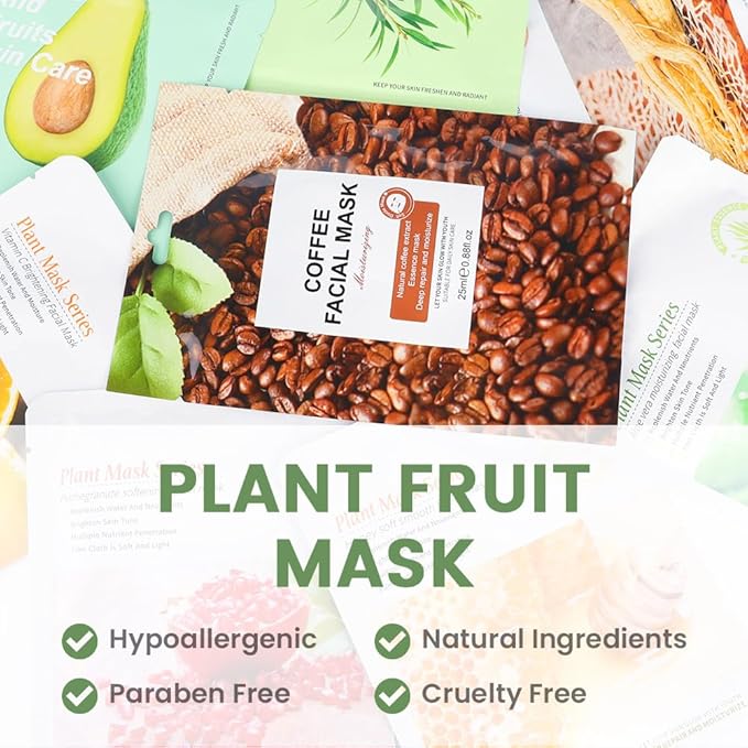 evpct 8-Pack Fruit Sheet Face Facial Masks for Women Skincare Spa, Facial Spa Day Slumber Sleepover Birthday Party Favors Supplies Kit, Natural Ingredients, Hydrate and Soothe for All Skin Types, B01
