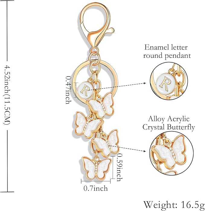 XGALBLA White Pink Black Cute Butterfly Initial Letter Keychain for Women, Butterfly Bag Charms Keyring for Handbags Backpack