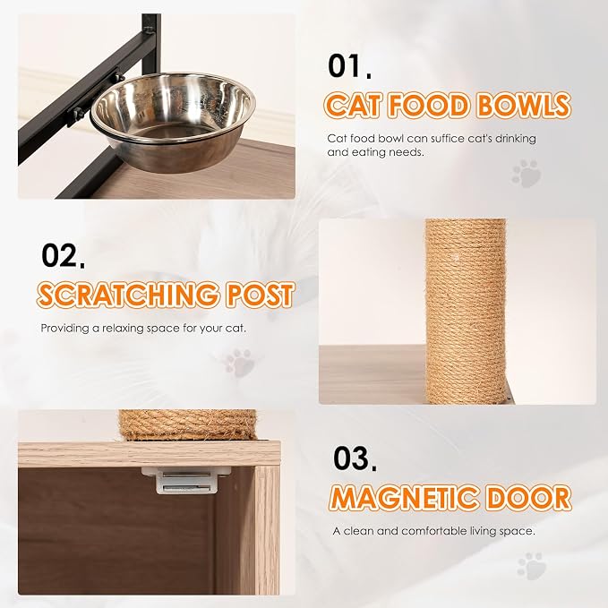 Cat Tree & Litter Box Enclosure,Modern All-in-one Indoor Cats Tower with Large Platform, Cat Condo with Wood House, Food Station, Hammocks (21.7”)