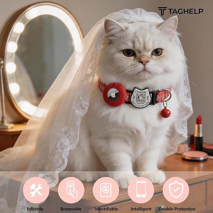 Cat Collar with AirTag Holder, QR Code Tag and Bell (Red, Paw Pattern)