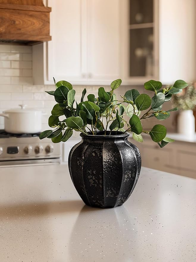 LE TAUCI 9" Ceramic Vase, Artisan Large Black Ceramic Vase for Modern Home Decor, Substantial & Stable, Handcrafted Flower Vase, Living Room & Dining Room Table Centerpiece, Distressed Iron Black