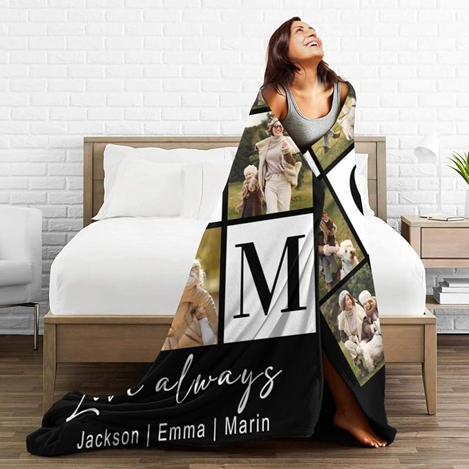 Gifts for Mom Custom Blanket with 6 Photo & Text, Personalized Birthday Blanket with Picture for Mother, HD Printing Customized Flannel Throw Blanket Gifts for Best Mom Ever